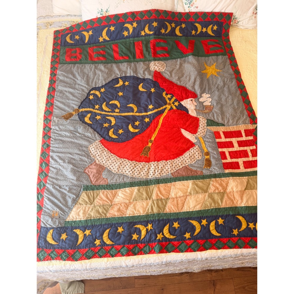 Mary Engelbreit Style Believe Santa Quilt Handmade Christmas Wall Hanging 47x56